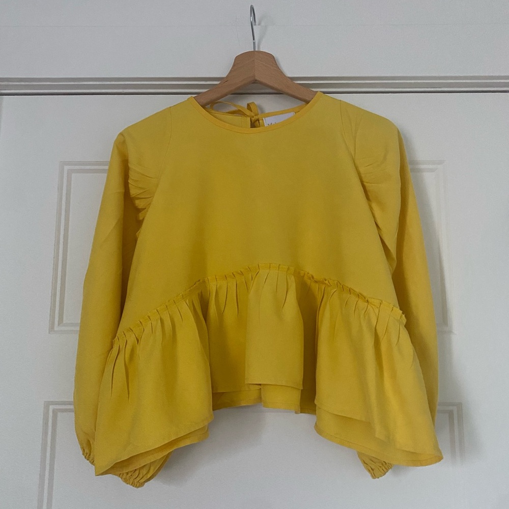 Yellow Asymmetrical Peplum silk Blouse Long Sleeve